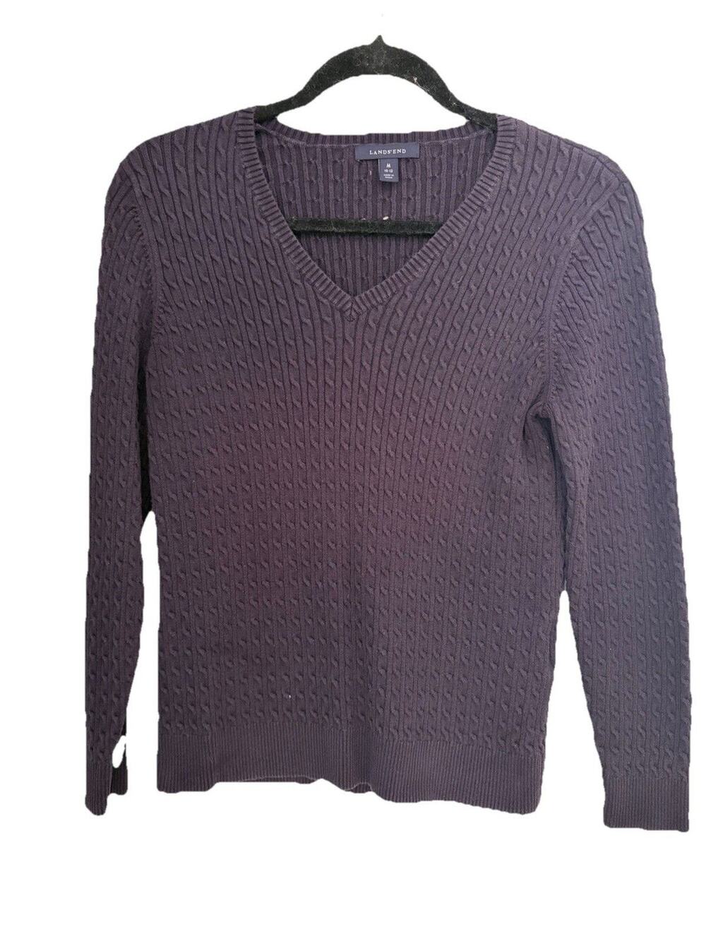 Lands End Cable Knit Fitted Vneck Supima Cotton Sweater